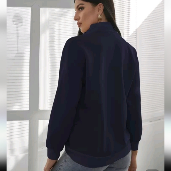 Women Quarter Zip Drop Shoulder Navy Blue Pullover Sweater Size S - Picture 2 of 9